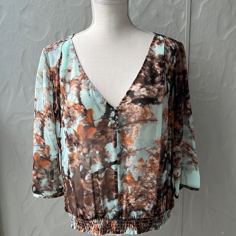 Ted Baker London 100% Silk Water Color Cherry Blossom Top Blue Size 3
